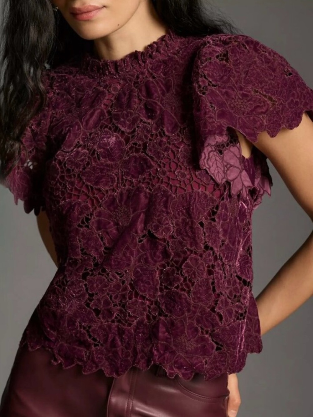 HTF Anthropologie Plum Velvet Lace Ruffle Sleeve Top Small NWOT
